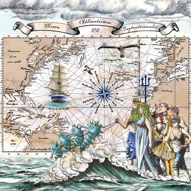 Meike Kohls Historische Seekarte Nordatlantik mit Neptun, Kompass, Windjammer